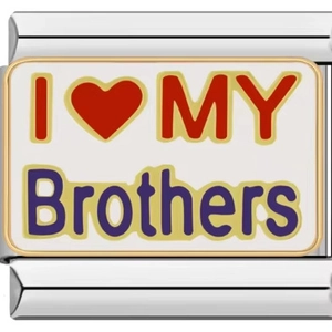 Italian style stainless steel charm with I Love My Brothers text in white enamel