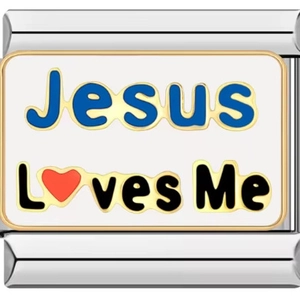 Detail of stainless steel Italian charm bracelet link with Jesus Loves Me text
