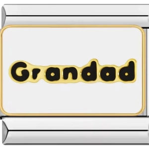 Stainless steel DIY charm bracelet link featuring gold Grandad lettering on white enamel