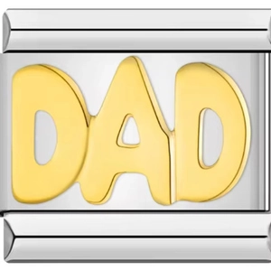 Detailed macro view of a stainless steel Italian charm bracelet link with gold DAD lettering