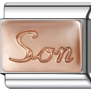 Macro view of modular Italian style bracelet link featuring a Son relief in rose gold finish