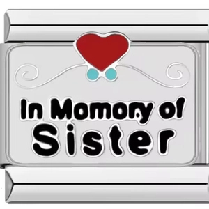 Macro detail of stainless steel Italian charm featuring In Memory of Sister design