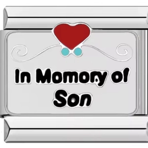 Detail view of stainless steel charm with In Momory of Son text and heart pattern
