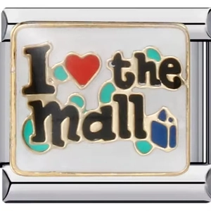 Detail of stainless steel modular charm with white enamel and black I the mall text