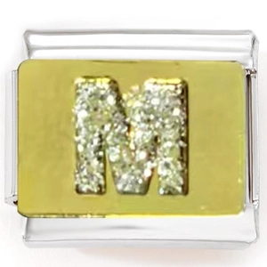 Detailed view of 9mm stainless steel charm link with gold letter M and crystal inlay