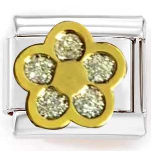 Detail of 9mm Italian charm with gold flower and crystals on stainless steel link
