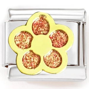 Macro shot of stainless steel Italian charm link featuring a gold flower with red glitter