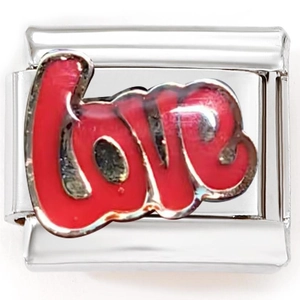Macro shot of 9mm stainless steel modular charm with red enamel Love text design