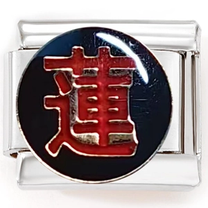 Macro detail of stainless steel Italian charm link with black enamel and red Lotus kanji
