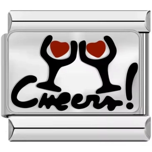Macro detail of Italian modular charm featuring Cheers text and heart wine glass design