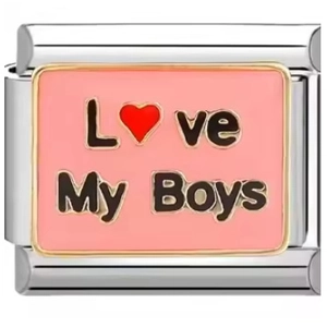 Detail of Italian modular charm with pink enamel and LOVE My Boys lettering