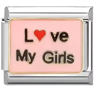 Close-up of pink enamel Italian charm with Love My Girls text and red heart decoration