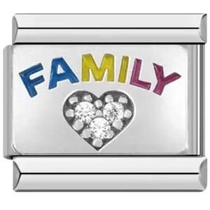 Detail of Italian modular charm with Family letters and zircon heart on stainless steel