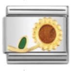Macro shot of stainless steel Italian charm link with a 3D yellow sunflower design