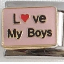 Italian charm link with pink enamel and 'Love My Boys' text in polished stainless steel