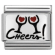 Italian modular charm bracelet in stainless steel with Cheers! text and red heart graphic