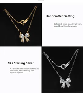 Detail van S925 sterling zilveren strik ketting met luxe pavé zirkoonstenen