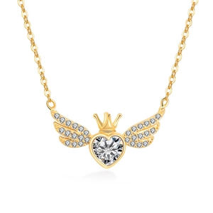 Gouden hartketting met kroon-vleugel-hanger en fonkelend zirkonia-middelpunt