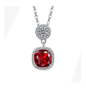 Elegant square red gemstone pendant necklace with diamond halo and silver chain