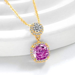 Exquisite 18K gold necklace with round white moissanite and cushion-cut pink gemstone