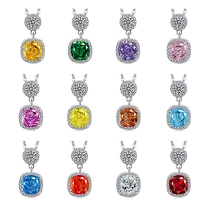 Set of 12 colorful square crystal pendant necklaces with silver settings in various hues