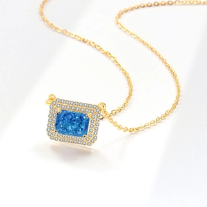 S925 silver necklace with rectangular blue gemstone pendant and zircon halo setting