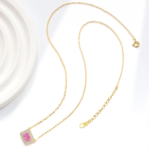 Elegant S925 sterling silver gold necklace featuring a pink square cut crystal pendant