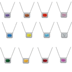 S925 silver necklace with rectangular colorful gemstones and diamond halo in 12 colors