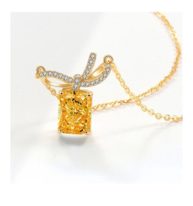 Detailed view of s925 silver bow necklace with a yellow rectangular gemstone pendant