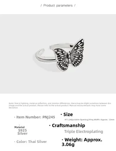 Detail view of adjustable S925 sterling silver butterfly ring with technical specs
