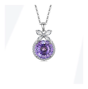 Detailed macro of S925 silver necklace featuring a purple stone and butterfly pendant