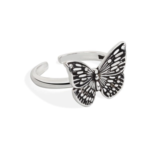 Vintage silver butterfly open ring with detailed black and white wing textures on white background