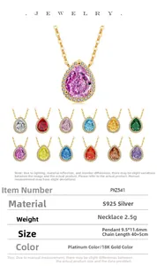 Detailed specs of S925 sterling silver pear-cut necklace with colorful stone variants