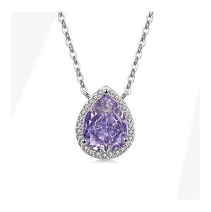 Detail of S925 silver necklace with pear-shaped purple zircon pendant and halo stones