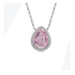 Detailed view of pear-cut pink gemstone necklace with sparkling halo set in S925 silver