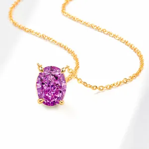 Close-up of elegant purple oval gemstone pendant with fine gold chain and claw setting