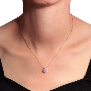 S925 silver necklace featuring a pear-shaped pink gemstone pendant on a gold chain