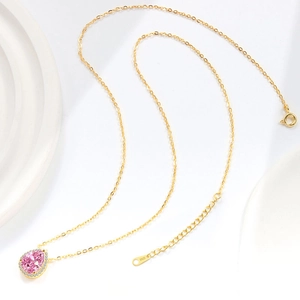 S925 sterling silver gold necklace with pear-cut pink gemstone pendant and sparkling halo