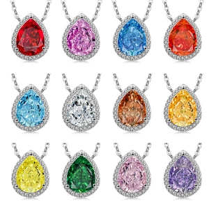 Elegant S925 sterling silver pear-shaped gemstone necklaces in 12 vibrant colors