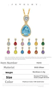 Macro detail of S925 silver pear pendant with dual-layer gems and clear dimensions