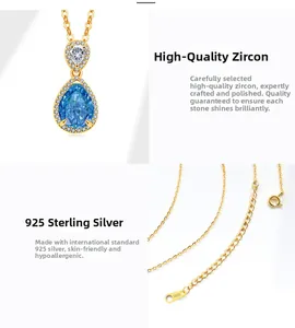 Close-up of S925 sterling silver lobster clasp on a blue teardrop zircon necklace