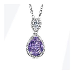 Detailed macro view of the double-layer teardrop pendant with purple and white gemstones