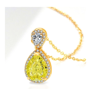 Detail of pear-cut yellow gemstone necklace with double-layer pavé diamond halo