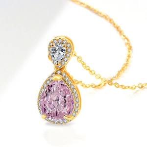 Elegant gold necklace with double pear-shaped pink and clear crystals for women