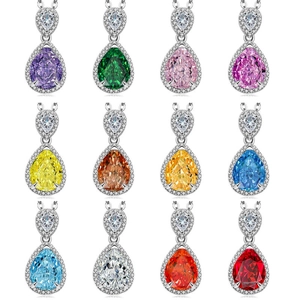 Pear-cut gemstone necklaces set in 12 vibrant colors with halo crystal borders