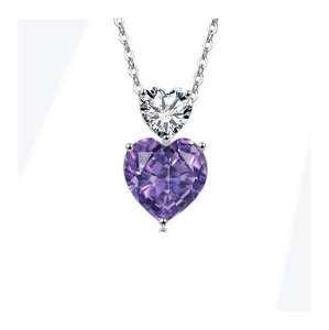 Detailed view of silver necklace with vertical double heart purple and white stones