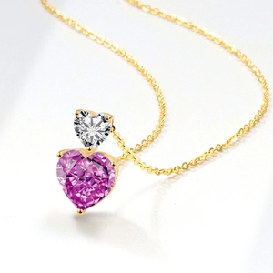 Elegant gold chain necklace with double heart purple and white zircon pendant
