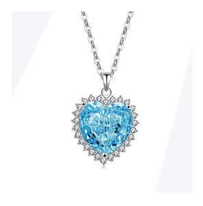 Detailansicht der Herzkette mit meerblauem Kristall und silbernem Zirkon-Halo