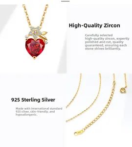 Detailed view of S925 sterling silver chain clasp and heart pendant with red zircon and pearl