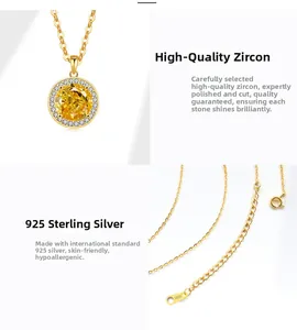 Detailed views of S925 sterling silver gold necklace with round yellow zircon pendant
